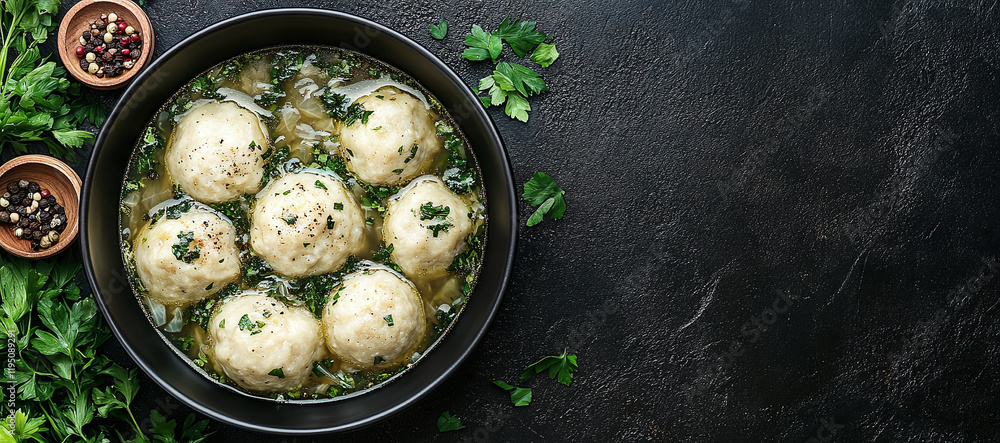 Bowl of traditional dumplings in broth, garnished with fresh herbs and served on a rustic dark background, offering a warm and hearty meal. Bowl of traditional dumplings in broth, garnished with fresh herbs and served on a rustic dark background, offering a warm and hearty meal.
