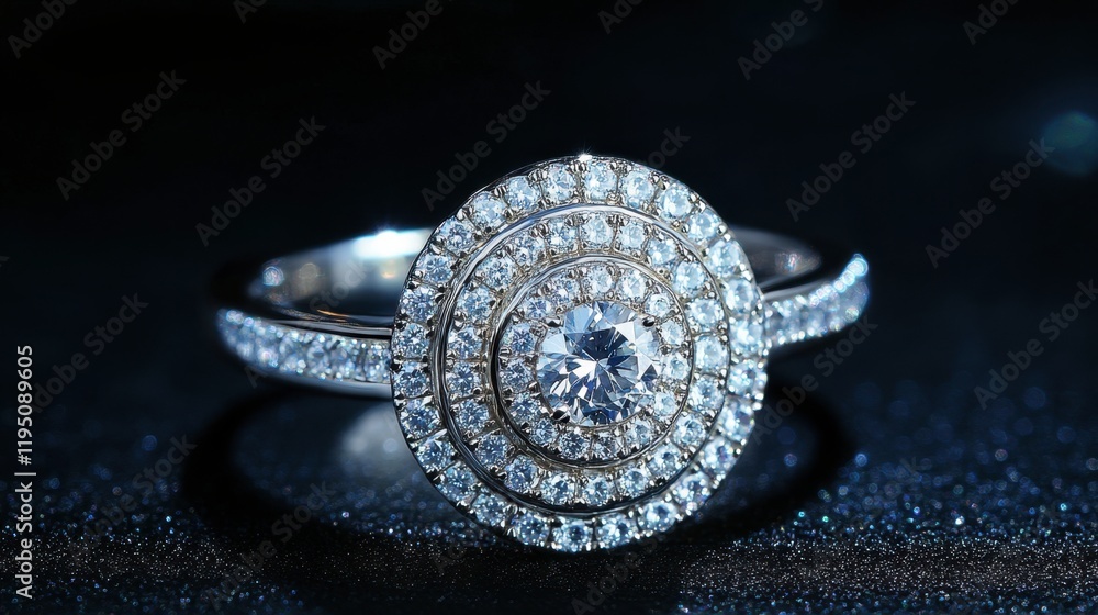 A luxury diamond ring with a shimmering pav setting glistens against a dark background, adding sparkle to its opulent design. A luxury diamond ring with a shimmering pav setting glistens against a dark background, adding sparkle to its opulent design.