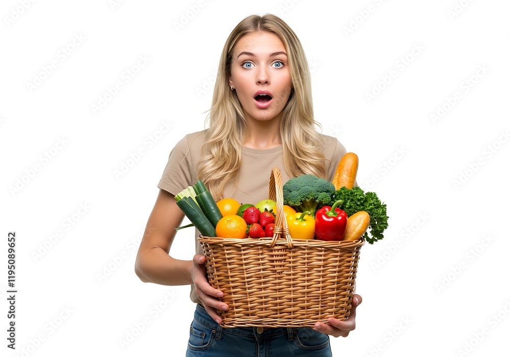 Young caucasian woman holding a shopping basket full of food isolated on white background with surprise facial expression Young caucasian woman holding a shopping basket full of food isolated on white background with surprise facial expression