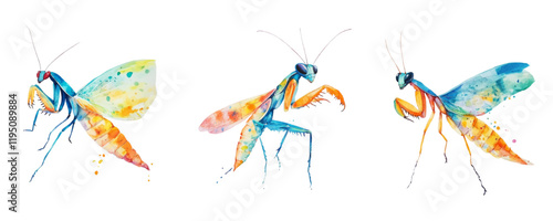 Watercolor set of praying mantises. Colorful praying mantis insects in watercolor style. Art insects. Praying mantis png. Vector illustration.