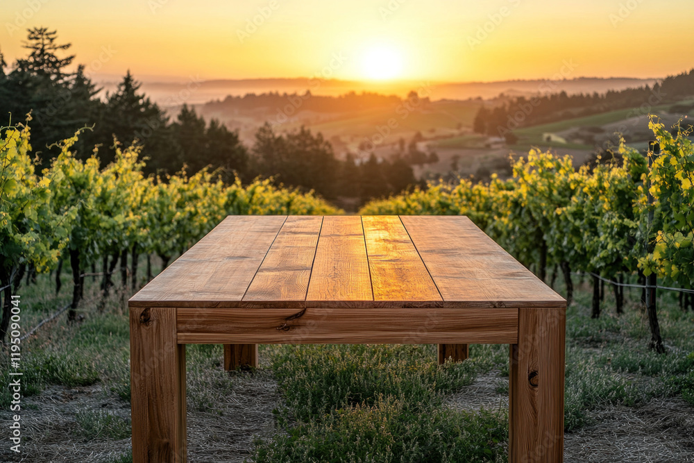 Wooden table surrounded by lush grapevines, sunny vineyard setting. Wooden table surrounded by lush grapevines, sunny vineyard setting.