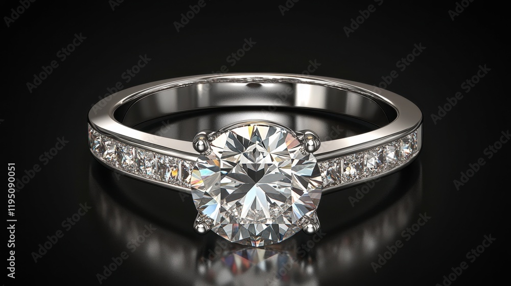 A luxury diamond ring with a sophisticated channel setting sparkles on a dark surface, exuding understated elegance.