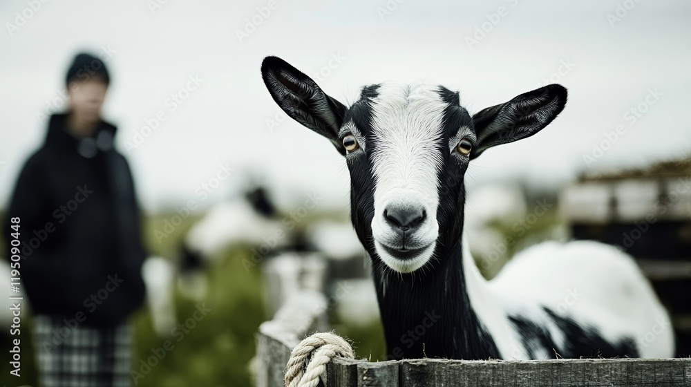 Elegant A playful goat nibbling on a rope toy hanging from a fence in a sunny petting farm rare pets playing farmyard fun Elegant A playful goat nibbling on a rope toy hanging from a fence in a sunny petting farm rare pets playing farmyard fun