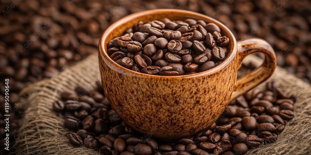 Fototapeta premium Rustic brown coffee mug overflowing with roasted coffee beans on burlap background with dark roasted beans scattered around in soft focus