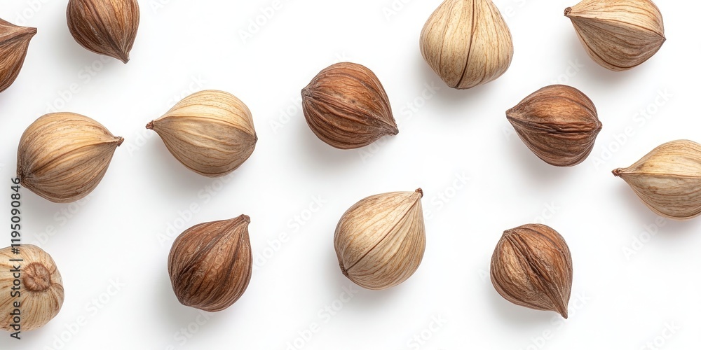 Natural cobnuts in various brown shades scattered on a clean white background creating a harmonious and organic arrangement for culinary visuals. Natural cobnuts in various brown shades scattered on a clean white background creating a harmonious and organic arrangement for culinary visuals.