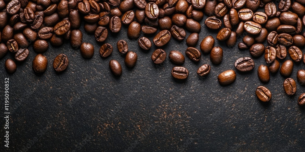 Dark textured background with scattered roasted coffee beans creating a rich cafe theme emphasizing their deep brown tones and natural shine. Dark textured background with scattered roasted coffee beans creating a rich cafe theme emphasizing their deep brown tones and natural shine.