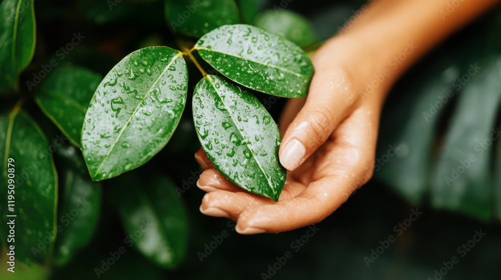 Close-up of woman's hand gently holding a vibrant green leaf covered in fresh water drops, symbolizing nature, purity, and environmental awareness Close-up of woman's hand gently holding a vibrant green leaf covered in fresh water drops, symbolizing nature, purity, and environmental awareness