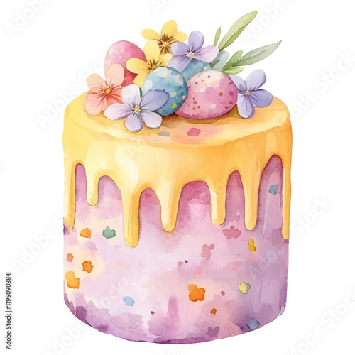 Watercolor Easter cupcake. Easter pink baked cupcake decorated with yellow icing and Easter eggs and flowers. Appetizing Easter cupcake. Elements for Easter food. Vector illustration.