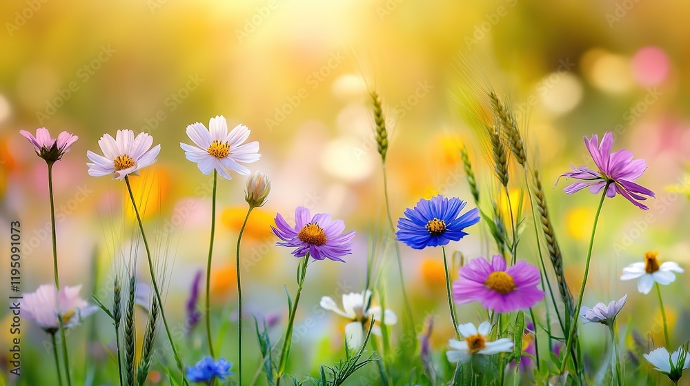 Enchanting Meadow with Wildflowers, Wheat, and Grass on Blurred Background - Breathtaking Floral Landscape at Sunset. Herbal Field with Golden Spikelets and Spikes. Enchanting Meadow with Wildflowers, Wheat, and Grass on Blurred Background - Breathtaking Floral Landscape at Sunset. Herbal Field with Golden Spikelets and Spikes.