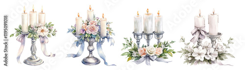 Watercolor set of candles set in silver candlesticks and decorated with flowers. Candles are complemented by white and pink roses, as well as small white flowers. Elements for wedding decor.