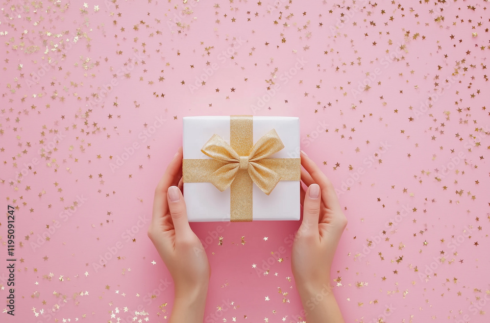 Hands Holding Golden Ribbon Gift Box on Pink Background, Flat Lay Top View, Christmas or Valentine's Day Celebration Concept. Hands Holding Golden Ribbon Gift Box on Pink Background, Flat Lay Top View, Christmas or Valentine's Day Celebration Concept.