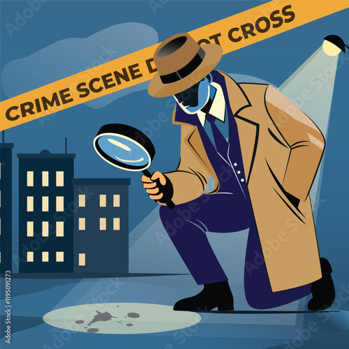Detective or a policeman with a magnifying glass in his hand investigating at crime scene