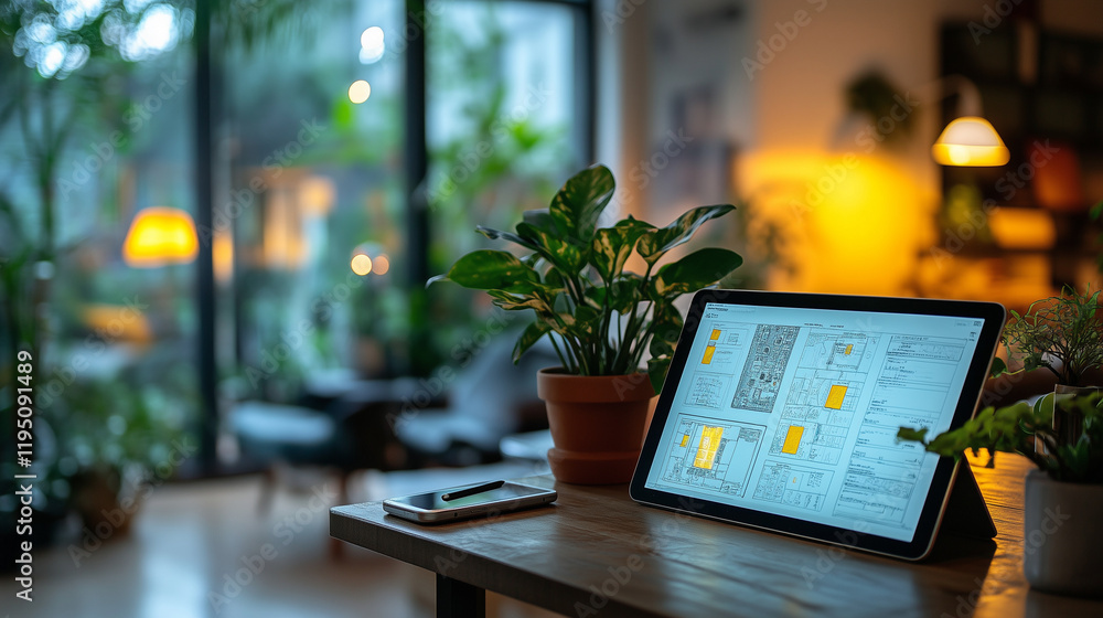 A freelancer presenting a design draft on their tablet. Bright lighting, contrast A freelancer presenting a design draft on their tablet. Bright lighting, contrast