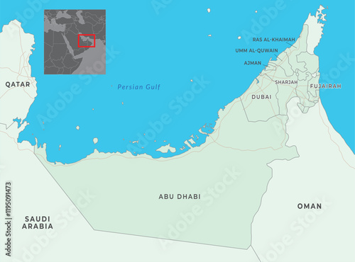United Arab Emirates map with capital Abu Dhabi, most important cities and national borders