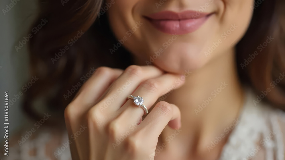 Close up portrait of beautiful young woman with diamond ring on her finger Close up portrait of beautiful young woman with diamond ring on her finger