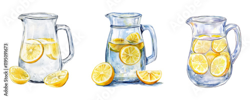 Collection of watercolor lemonade in mugs. Transparent glass mugs with lemonade drink filled with lemon slices. Refreshing lemon drink png.