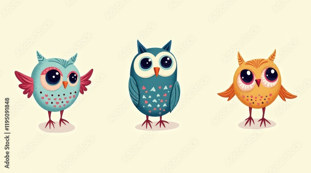 Fototapeta premium Charming owls in playful patterns whimsical background digital art colorful environment creative concept
