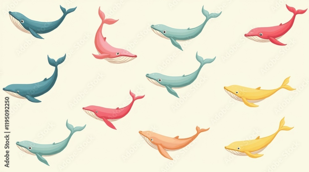 Obraz premium Whales in colorful patterns against a soft background underwater scene illustrative art playful environment bright viewpoint