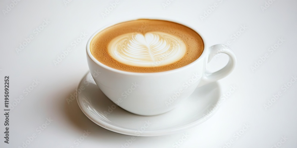 Creamy latte art in a white cup on a saucer, set against a minimal white background, showcasing warm tones of brown and beige. Creamy latte art in a white cup on a saucer, set against a minimal white background, showcasing warm tones of brown and beige.