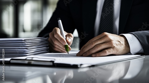 Elegant Accountant reviewing an audit report with red and green pens marking areas for corrections surrounded by stacks of binders rare accountants working thorough examination  photo