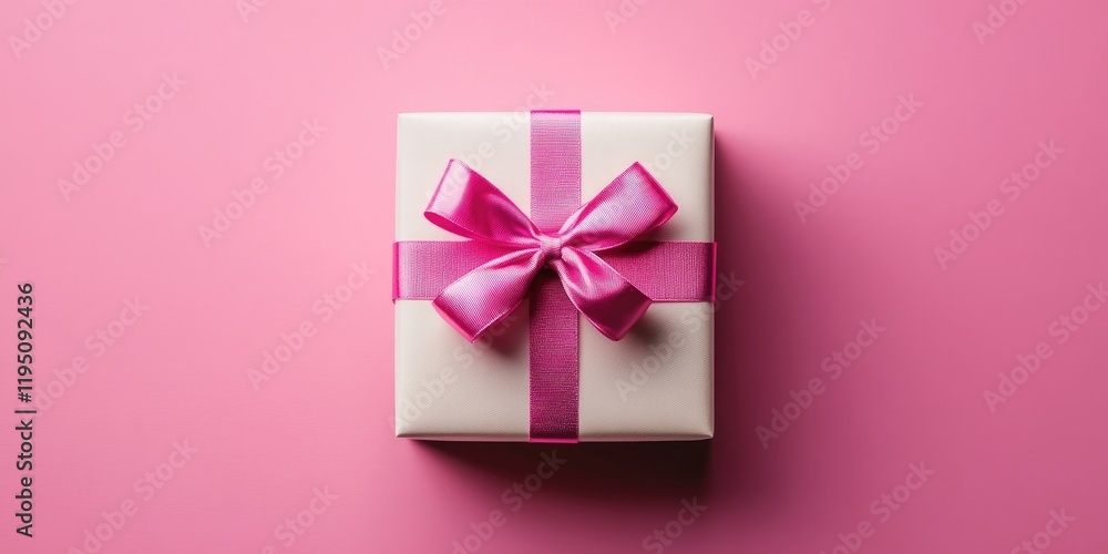 Elegant white gift box adorned with a shiny pink ribbon positioned centrally on a soft pink backdrop creating a festive and cheerful atmosphere Elegant white gift box adorned with a shiny pink ribbon positioned centrally on a soft pink backdrop creating a festive and cheerful atmosphere