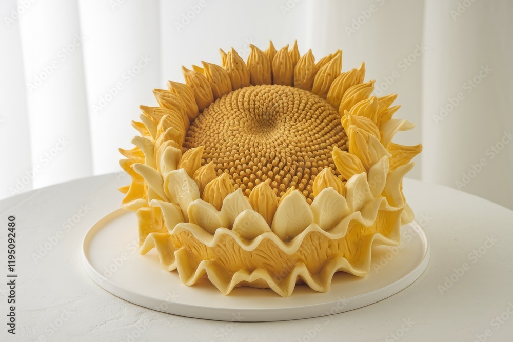 A stunning sunflower cake, meticulously crafted with buttercream frosting, showcasing intricate details and vibrant yellow hues. A stunning sunflower cake, meticulously crafted with buttercream frosting, showcasing intricate details and vibrant yellow hues.