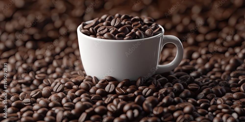 Fototapeta premium Coffee cup filled with coffee beans positioned centered atop a bed of rich brown coffee beans with scattered chocolate chips around the base