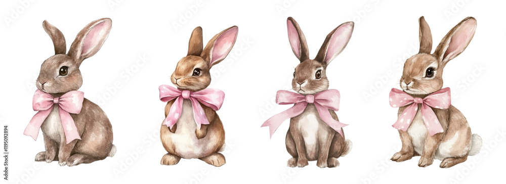 Fototapeta premium Set of cute watercolor brown hares png. Itly chocolate bunnies decorated with pink satin ribbon bow. Easter symbol. Vector illustration.