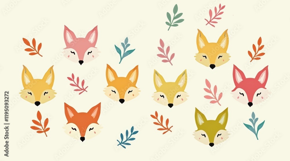 Fototapeta premium Playful fox patterns with colorful background cute animal illustration soft environment whimsical concept