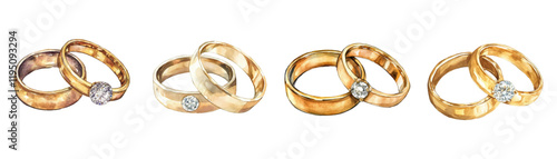 Watercolor set of wedding rings png. Classic gold wedding rings, the bride's ring is decorated with a diamond in the center. The concept of wedding, painting.wedding ceremony.