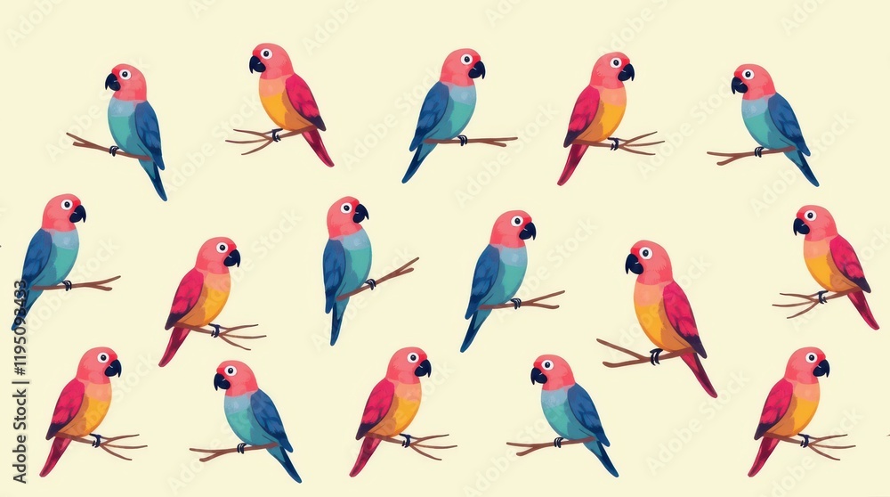 Obraz premium Vibrant parrots pattern on light background colorful animal illustration nature environment artistic viewpoint
