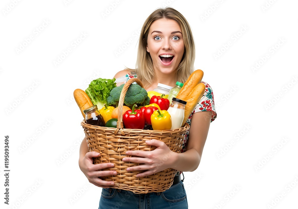 Young caucasian woman holding a shopping basket full of food isolated on white background with surprise facial expression Young caucasian woman holding a shopping basket full of food isolated on white background with surprise facial expression