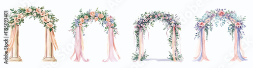 Watercolor set of veil arches decorated with flowers and fabric. Wedding arches in pastel colors decorated with bouquets of flowers and satin ribbons. Elements for wedding invitations 