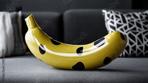 Elegant Bright yellow slapstick banana gun prop placed on a comic book inspired background rare humor themed props absurd fun  photo