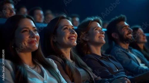 An audience laughing at a show or cinema screen