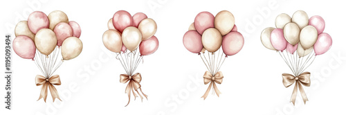 Watercolor set of a bouquet of balloons in beige tones. White, powder and yellow balloons are arranged in a bouquet and tied with a beige bow. Elements for children's unisex designs.