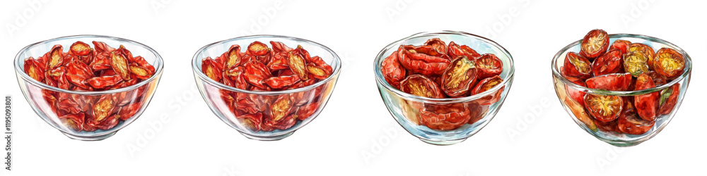 Watercolor set of sun-dried tomatoes png. Transparent glass bowl filled with sun-dried tomatoes. Concept for recipes, articles about healthy food or for creating food design. Watercolor set of sun-dried tomatoes png. Transparent glass bowl filled with sun-dried tomatoes. Concept for recipes, articles about healthy food or for creating food design.