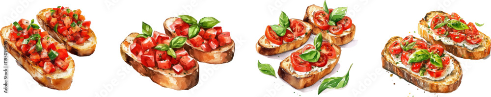 Watercolor set of bruschettas png. Toasts smeared with cream cheese and topped with slices of fresh cherry tomatoes. Toasts decorated with basil leaves and spices. Italian cuisine. Watercolor set of bruschettas png. Toasts smeared with cream cheese and topped with slices of fresh cherry tomatoes. Toasts decorated with basil leaves and spices. Italian cuisine.