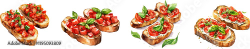 Watercolor set of bruschettas png. Toasts smeared with cream cheese and topped with slices of fresh cherry tomatoes. Toasts decorated with basil leaves and spices. Italian cuisine.