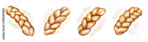 Watercolor set of bread braids with a golden crust and sprinkled with sesame seeds. Freshly baked bread braids. Watercolor bakery products. Vector illustration.
