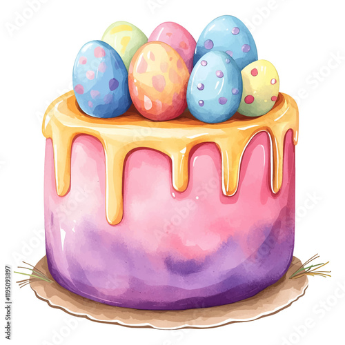 Watercolor Easter cake png. Pink Easter cake decorated with colored Easter eggs and drizzled with glaze. Easter elements. Vector illustration.