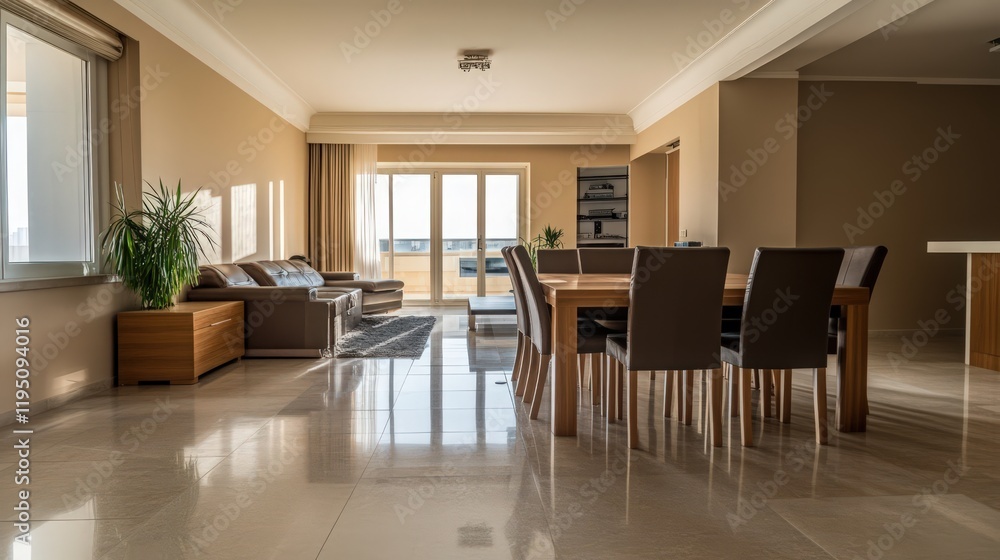 Fototapeta premium Sunlit interior view of an elegant living space with modern furniture and large windows
