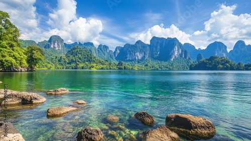 A peaceful riverside scene in Khao Sok, with crystal-clear water flowing over smooth stones and surrounded by dense forest.