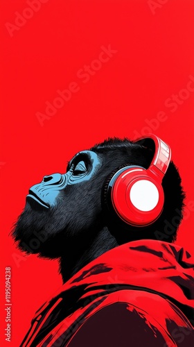 Gorilla in Hoodie with Headphones on Red Background