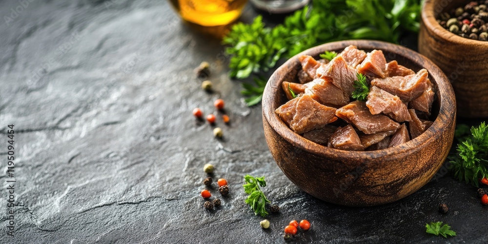 Nutritious omega-3 fish fat in wooden bowls with green herbs, black stone table background, ample copy space for healthy food branding. Nutritious omega-3 fish fat in wooden bowls with green herbs, black stone table background, ample copy space for healthy food branding.