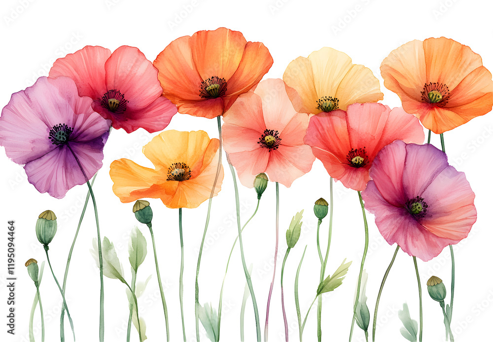 Fototapeta premium Watercolor Poppies, Vibrant Blooms Isolated on White Background