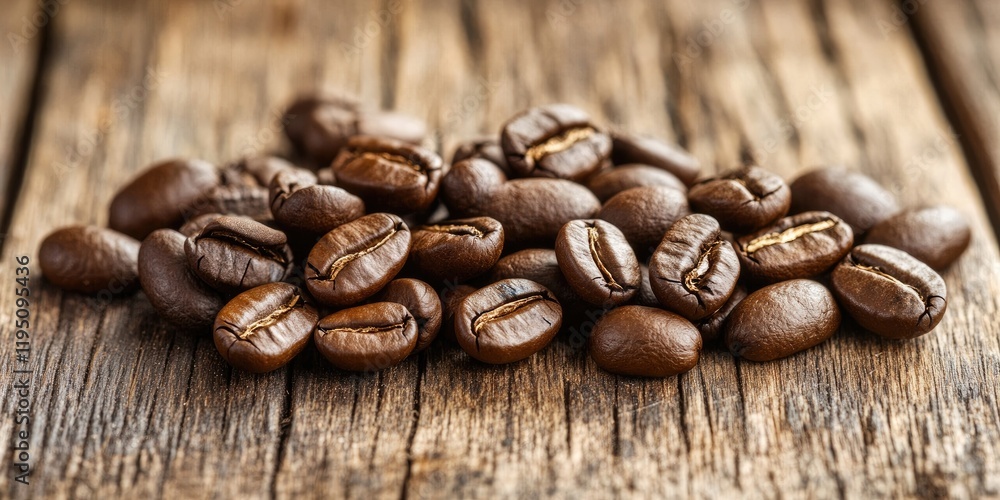 Naklejka premium Brown coffee beans scattered on a rustic wooden surface with rich textures creating a warm, inviting ambiance of natural simplicity.