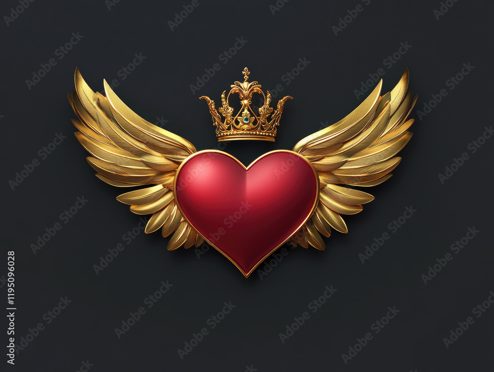 Obraz premium Romantic valentine invitation with lovely golden heart and wingscrown illustration in flat style for wedding or anniversary celebrations