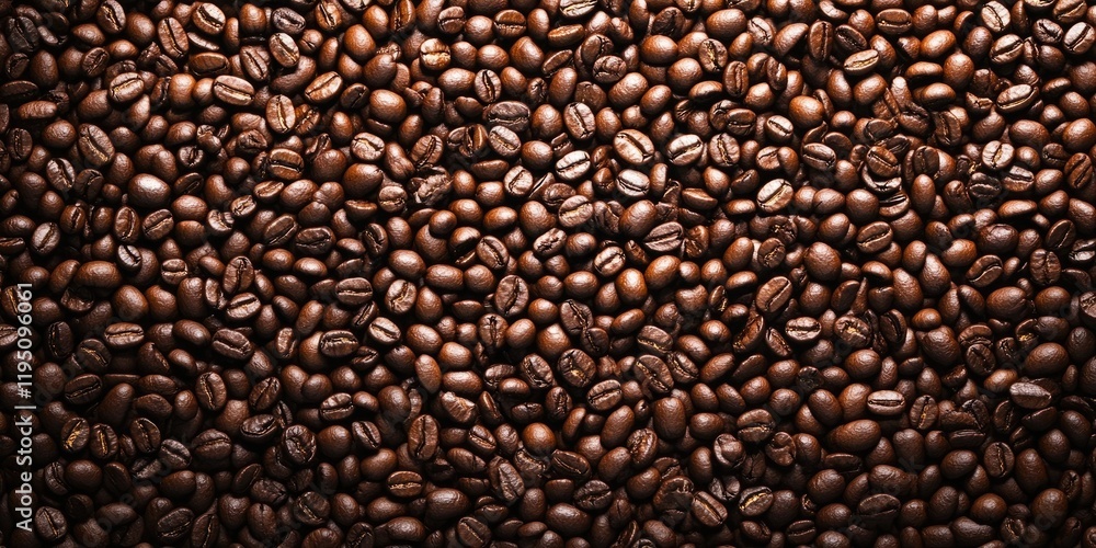 Fototapeta premium Rich dark brown coffee beans filling the frame, creating a textured and organic backdrop, perfect for culinary or beverage themes.
