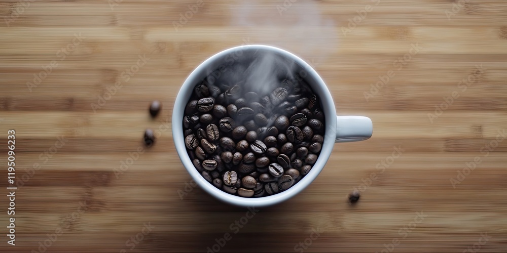 Coffee cup filled with coffee beans centered on a wooden surface with rising steam and scattered beans in dark brown and white colors. Coffee cup filled with coffee beans centered on a wooden surface with rising steam and scattered beans in dark brown and white colors.